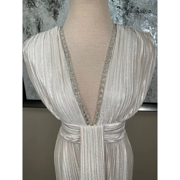 SABINA MUSAYEV Leone Crystal Embellished Pleated Metallic Maxi Dress Sz Medium